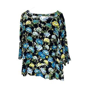 J Jill Plus size 2X Rayon Blouse Top Black Floral Shirt Tie 3/4 Sleeve